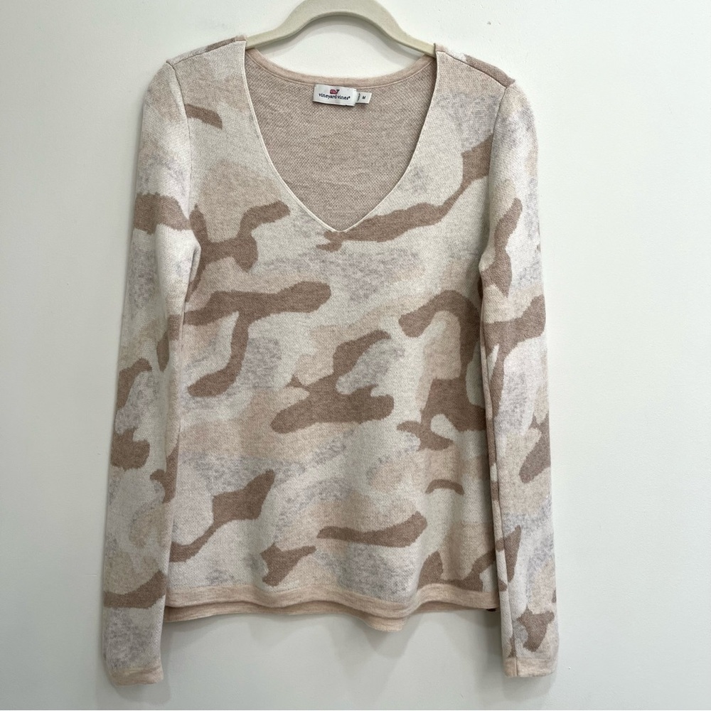 Vineyard Vines Como V-Neck Sweater Wool Cashmere Blend Neutral Tan Cream Medium